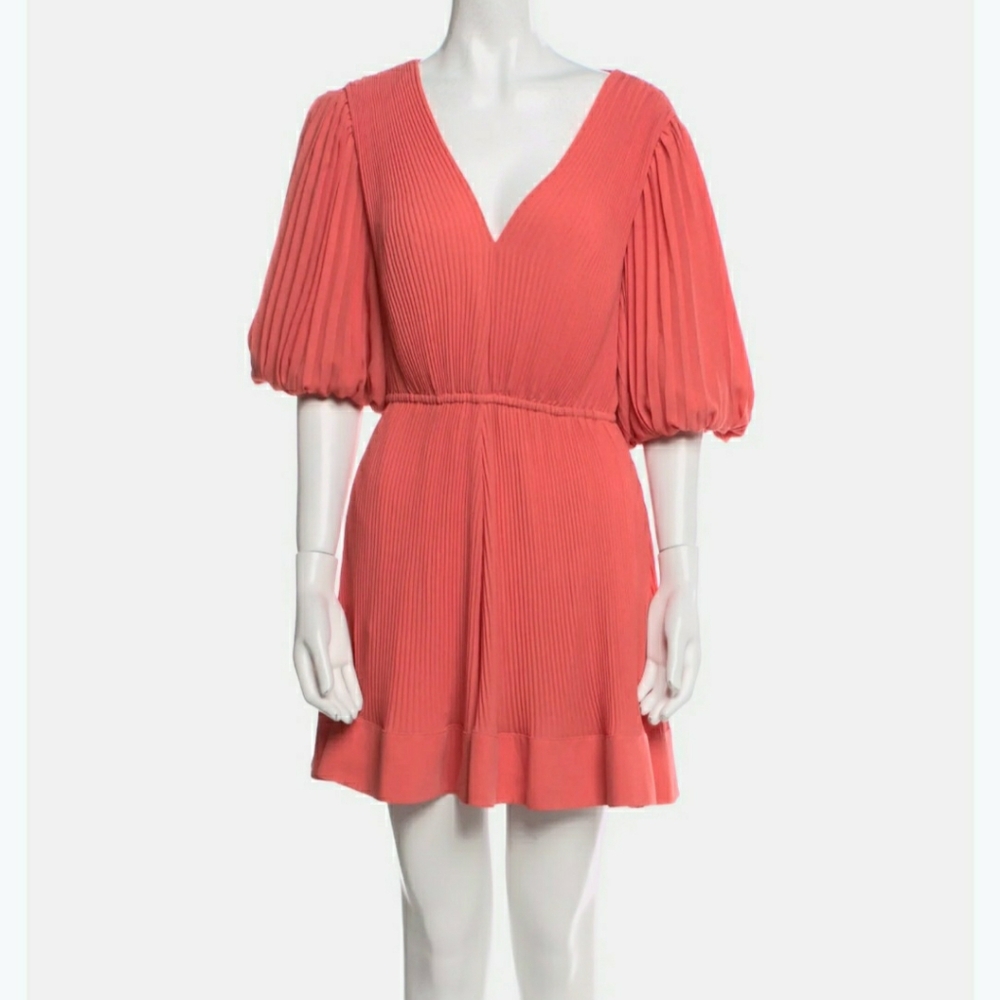 NWT Milly Coral Mini Dress with Puff Sleeves. SIZE 10, Ruffle Trim